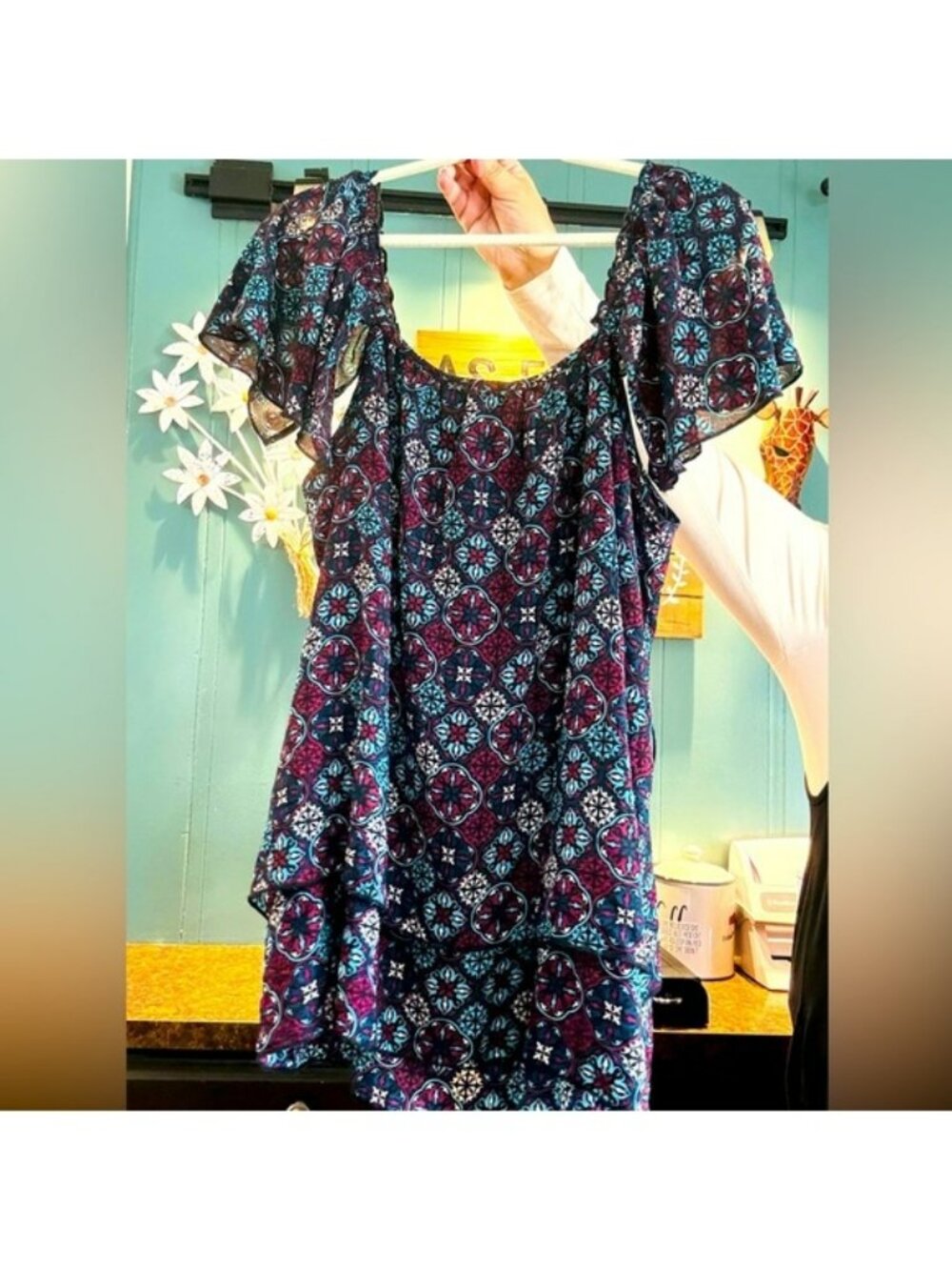 Women’s Scoop Neck Flutter Sleeve Top in Teal & Purple